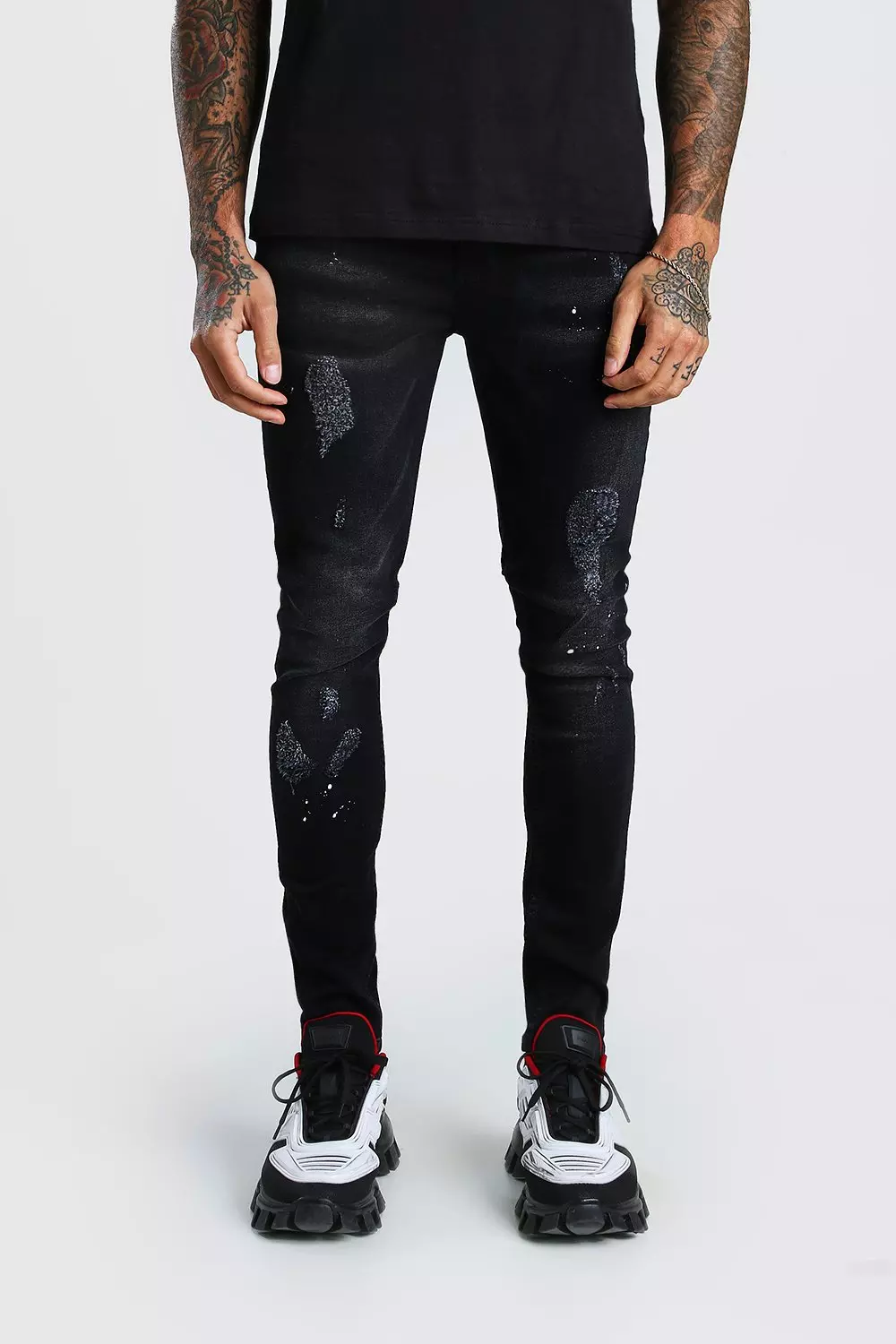 Super Skinny Distressed Paint Splat Jeans | boohooMAN USA